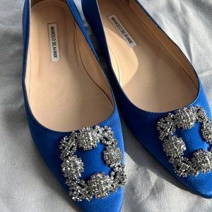 Manolo Blahnik HANGISIFLAT Blue Satin Flat Shoe